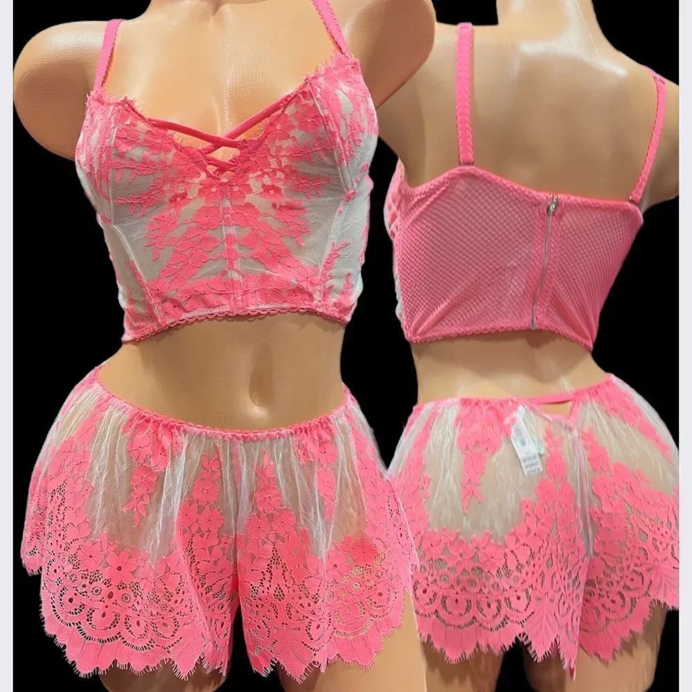 Victorias Secret set Dream Angels Floral Lace Mesh Bustier bra & Shortie coral M